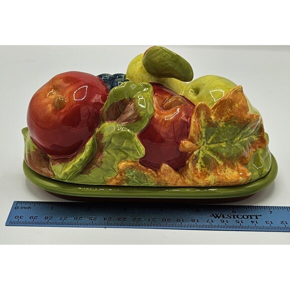 Essential Home 3-D Fall Leaves & Fruit Figural Covered Butter Dish Thanksgiving - Picture 6 of 11